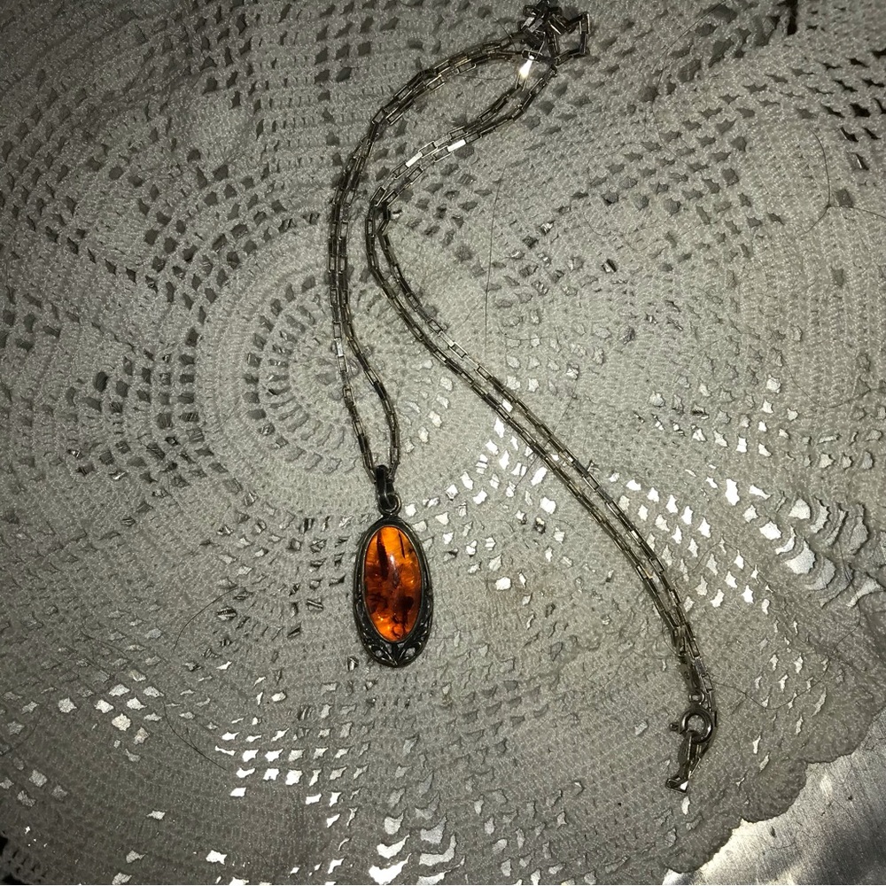 Sterling Silver Necklace with Amber Oval Pendant - Brown Amber